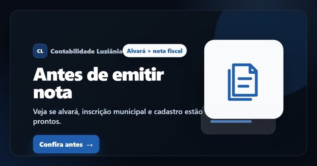 Imagem destacada sobre alvará e nota fiscal em Luziânia com CTA para conferir antes